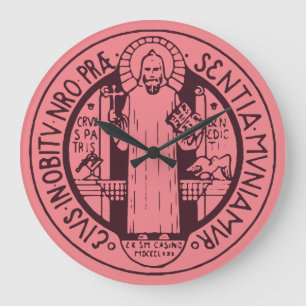 Grande Horloge Ronde Médaille Symbole de Saint Benoît Minimaliste Art