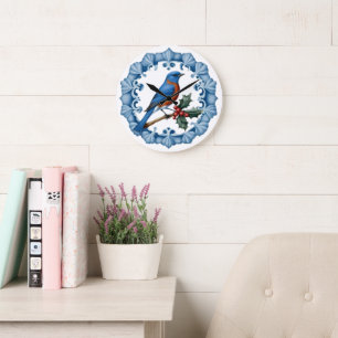 GRANDE HORLOGE RONDE MÉDAILLON DE NOËL AU ROITELET À CŒUR BLEU