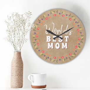 Grande Horloge Ronde Meilleure maman Fleurs Floral Rustique Beige du mo