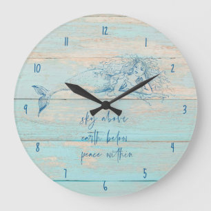 Grande Horloge Ronde Mermaid'affirmation Rustic Beach Wood Coastal
