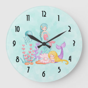 Grande Horloge Ronde Mermaids et méduses sous la mer