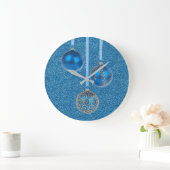 Grande Horloge Ronde Merry Christmas Blue Glitter Bauble Elegant (Maison)
