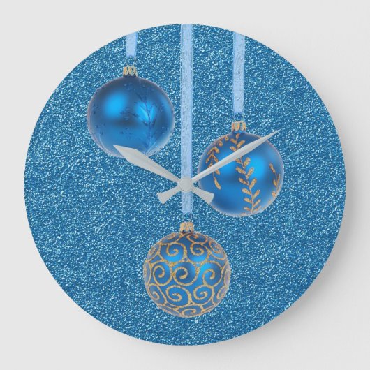 Grande Horloge Ronde Merry Christmas Blue Glitter Bauble Elegant (Recto)