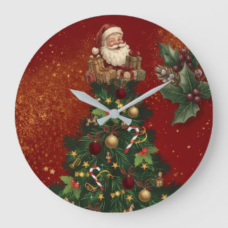 Grande Horloge Ronde Merry Christmas Wall Clock - Vintage Santa & Festi