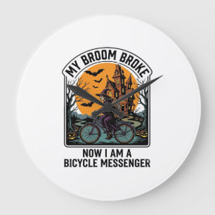 Grande Horloge Ronde Messager à vélo Halloween Drôle de balai de sorciè
