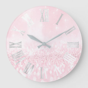 Grande Horloge Ronde Métal argenté gris rose Numers romain de parties