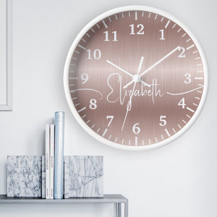Grande Horloge Ronde Métal brossé rose gold écriture girly élégante