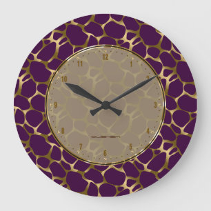 Grande Horloge Ronde Metallic Faux Gold & Purple Leopard Print