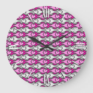 Grande Horloge Ronde Mi-siècle Poisson moderne, rose et gris