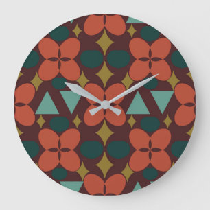 Grande Horloge Ronde Mid Century Moderne Fleur Diamant Rouge