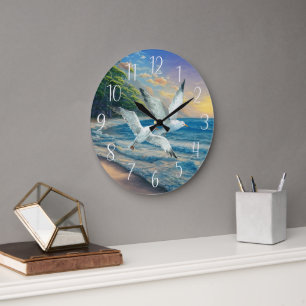 Grande Horloge Ronde mignon amoureux de mouette volant maison de plage
