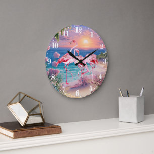 Grande Horloge Ronde mignon flamants roses de plage