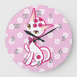 Grande Horloge Ronde Mignon Kitty Cat Rose Féminin ~