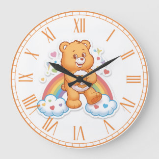 Grande Horloge Ronde Mignon ours en peluche à l'aquarelle Nuage Arc-en-