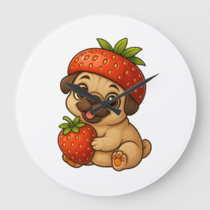 Grande Horloge Ronde Mignon pug avec des fraises fruité dessin animé dr