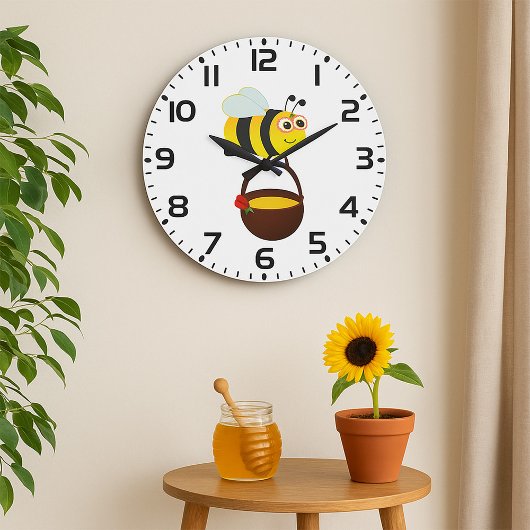 Grande Horloge Ronde Mignonne Bee transportant un pot de miel avec fleu