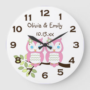 Grande Horloge Ronde Mignonne fille Whimsical Chouette Rose Twins Horlo
