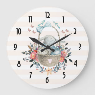 Grande Horloge Ronde Mignonne lapin dans un panier avec des oeufs et de