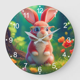 Grande Horloge Ronde Mignonne lapin rose sur herbe verte-47567