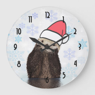 Grande Horloge Ronde Mignonne Otter portant un chapeau de Père Noël