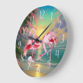 Grande Horloge Ronde mignonne rose flamand amoureux plage maison (Angle)