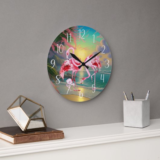 Grande Horloge Ronde mignonne rose flamand amoureux plage maison (Bureau)