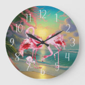 Grande Horloge Ronde mignonne rose flamand amoureux plage maison (Recto)