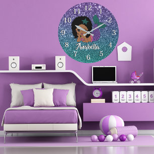 Grande Horloge Ronde Mignonne sirène afro-américaine de Parties scintil