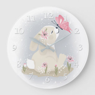 Grande Horloge Ronde Mignons lapin et papillon.