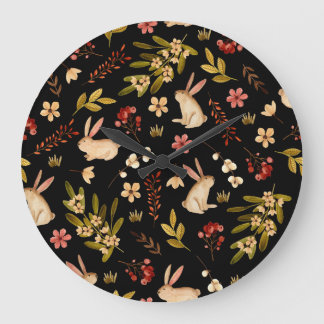 Grande Horloge Ronde Mignons lapins : Motif à main aquarelle
