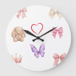 Grande Horloge Ronde Mignons Nœuds Pastel Kawaii Lapin Papillon Cœur Co