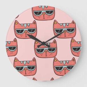 Grande Horloge Ronde Mignons visages de chat, motif sans soudure.