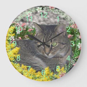 Grande Horloge Ronde Mimosa le chat de tigre en fleurs de mimosa