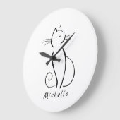 Grande Horloge Ronde Mini chat noir sur blanc ajouter nom (Angle)