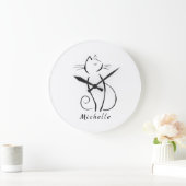 Grande Horloge Ronde Mini chat noir sur blanc ajouter nom (Maison)
