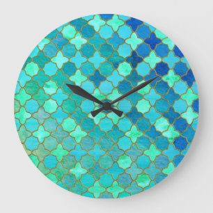Grande Horloge Ronde Mint Aqua Turquoise Gold Oriental Marocain Carrela