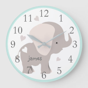 Grande Horloge Ronde Mint Grey Elephant Nursery Wall Clock