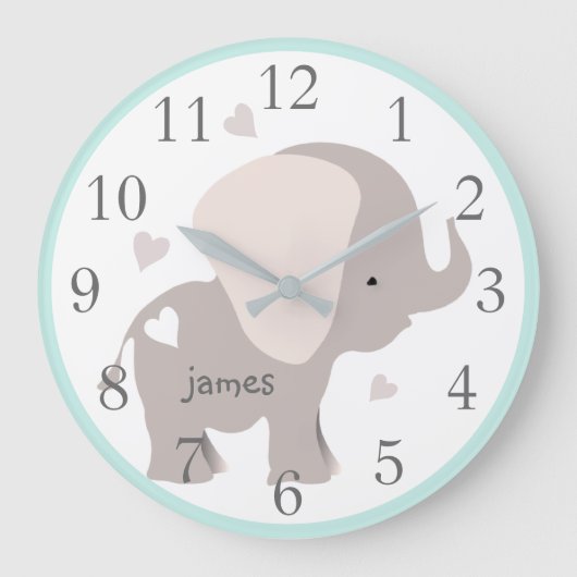 Grande Horloge Ronde Mint Grey Elephant Nursery Wall Clock (Recto)