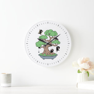 Grande Horloge Ronde Minuscules Ninjas dans l'arbre de Bonsai