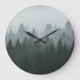 Grande Horloge Ronde Misty Mountain Forest Brouillard d'automne