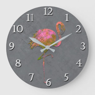 Grande Horloge Ronde Mod Coloré Été Flamant Rose Chic Moderne Gris