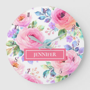 Grande Horloge Ronde Modèle de nom personnalisé Floral Boho Lever de so