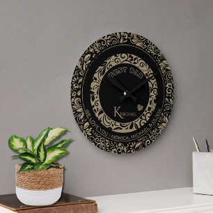 Grande Horloge Ronde Modèle Floral d'or noir personnalisé Monogramme