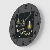 Grande Horloge Ronde Modern Glowing Light Bulbs Happy New Year (Angle)