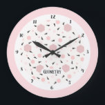 Grande Horloge Ronde Modern Pink Black Geometric Triangle Pattern<br><div class="desc">Modern minimalist wall clock with a geometric triangle pattern in soft pink, black and white tones. The clean design features bold black numbers and hands framed by a delicate pink and white circular border. The word “Geometry” adds a stylish contemporary touch, making this clock perfect for modern interiors, Scandinavian decor,...</div>