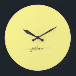 Grande Horloge Ronde Modern yellow script name large clock<br><div class="desc">Modern clock with a sunny yellow background and a hand lettered black girly script name. Personnalité with your name</div>