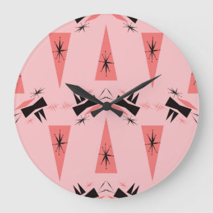 Grande Horloge Ronde Moderne du milieu du siècle : Motif de corail rose