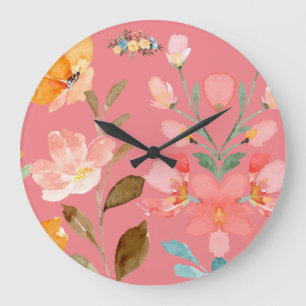 Grande Horloge Ronde Moderne Élégant Aquarelle Rose