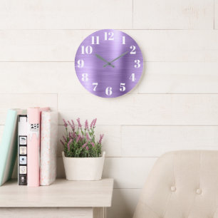 Grande Horloge Ronde Moderne Faux Améthyste Violet Feuille