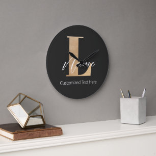 Grande Horloge Ronde Moderne Monogramme Initiale L & Nom Personnalisé